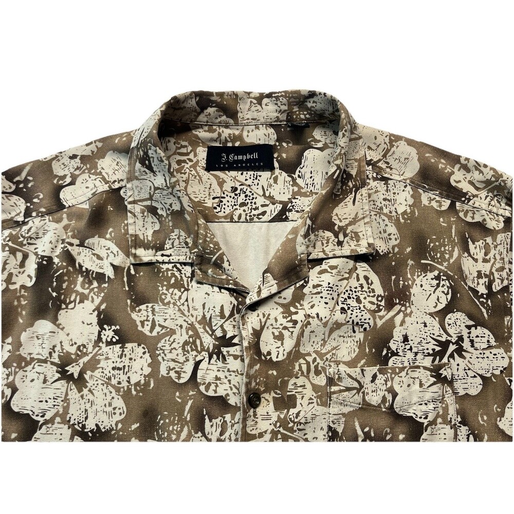 J. Campbell Los Angeles Shirt Mens XXL Brown 100% Silk Hibiscus Hawaiian AOP